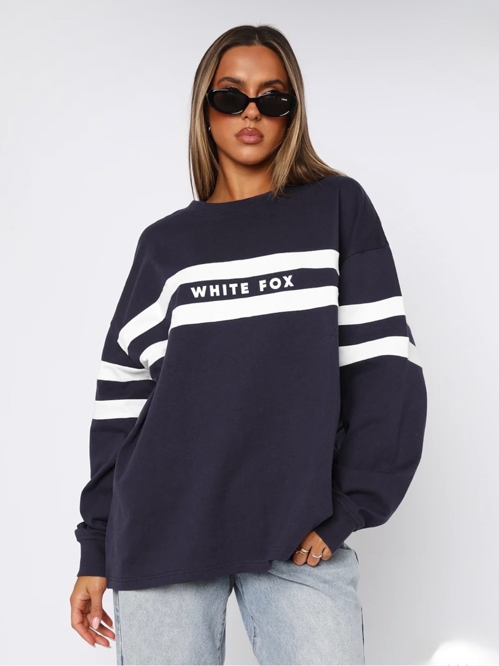 White Fox Navy Varsity Stripe Oversized Long Sleeve Crewneck Women’s Size S/M